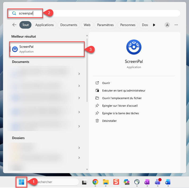 Dans le menu Windows, entrez ScreenPal dans le champs de recherche et trouvez l'application dans la liste des résultats