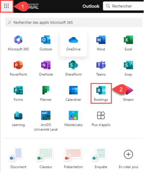 Microsoft Bookings est accessible depuis la liste des applis de Microsoft 365