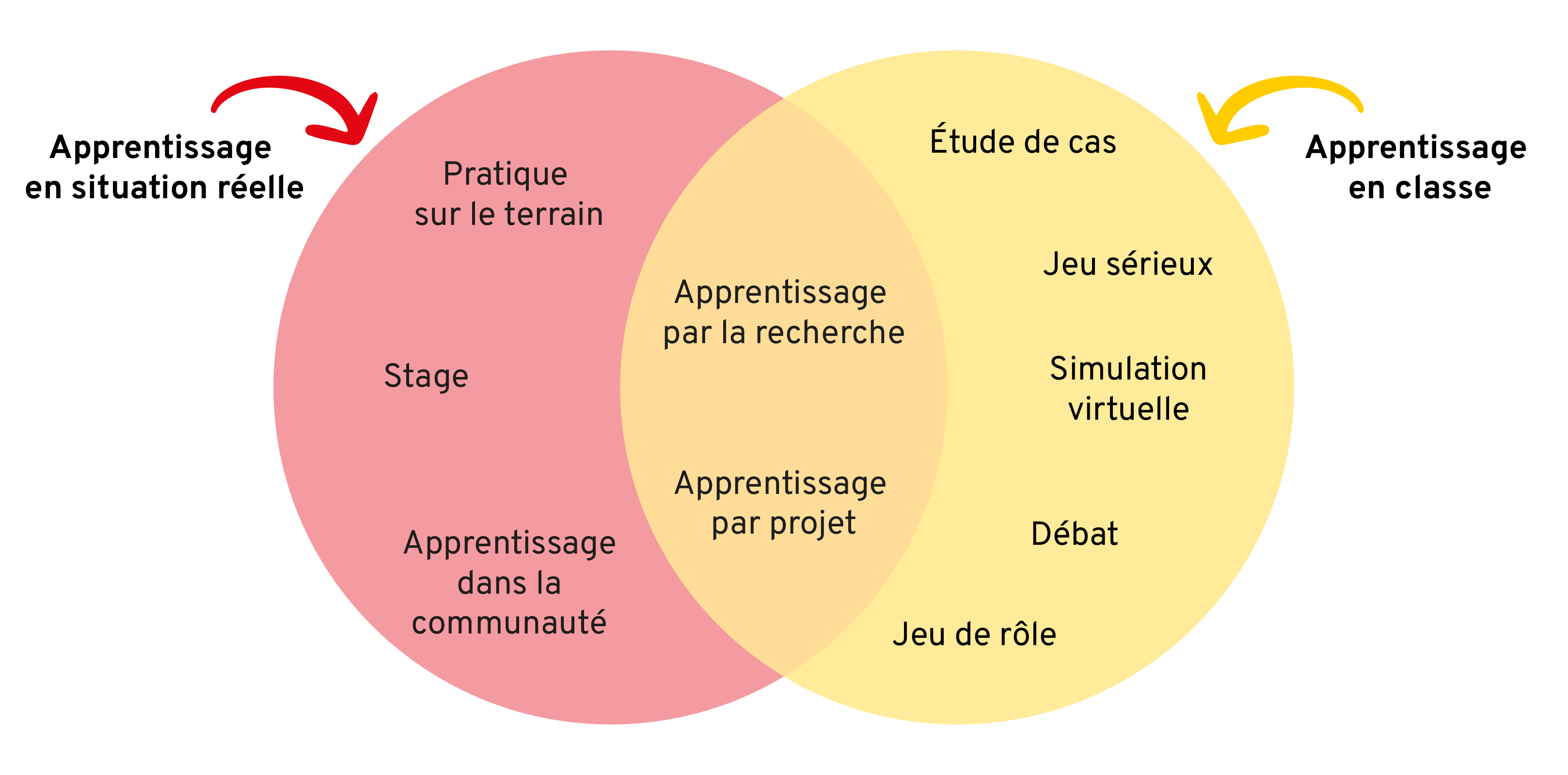 Les méthodes se divisent en 2 groupes : L'apprentissage en situation réelle et l'apprentissage en classe. L'apprentissage en situation réelle contient les méthodes suivantes : La pratique sur le terrain, le stage en milieu de travail et l'apprentissage dans la communauté. L'apprentissage en classe contient les méthodes suivantes : l'étude de cas, le jeu sérieux, la simulation virtuelle, le débat et le jeu de rôle. Font partie des deux groupes : l'apprentissage par la recherche et l'apprentissage par projet