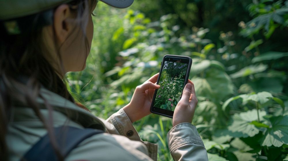 Étudiante en forêt qui identifie une plante à l'aide d'un appareil mobile