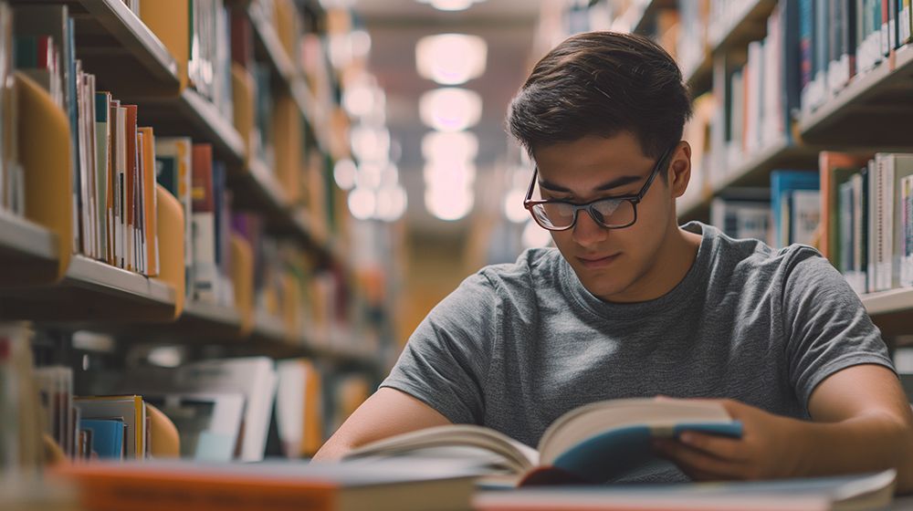 À la bibliothèque, un étudiant effectue des recherches dans des livres