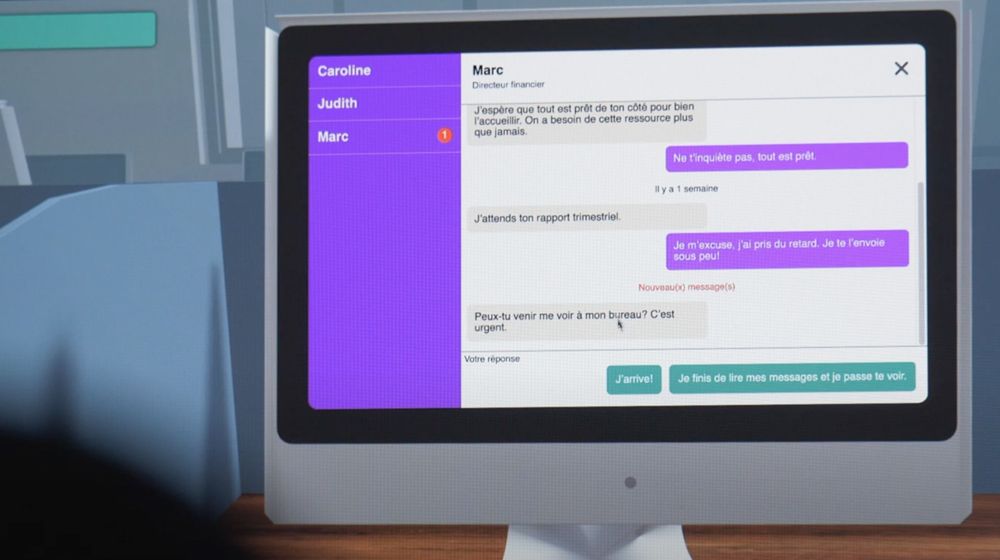 À l'écran d'un ordinateur, simulation d'un échange de messages entre un directeur et un employé